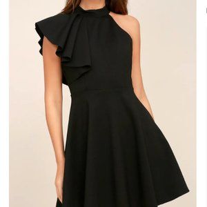 Lulu's Chic Goals Black One-Shoulder Skater Dress (Large)